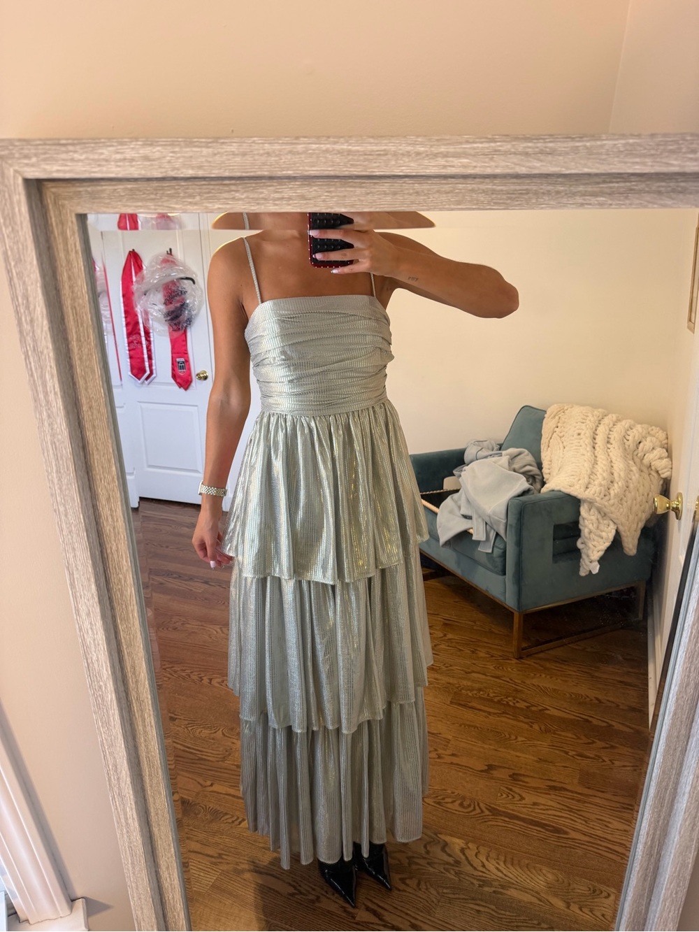 Metallic Sage Tiered Spaghetti-Strap Maxi Dress